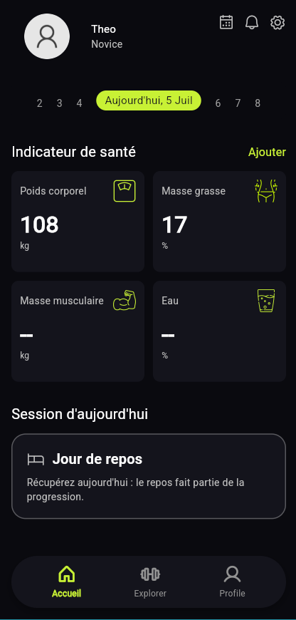 Écran d'accueil de l'app Felifit : indicateurs de santé et session du jour
